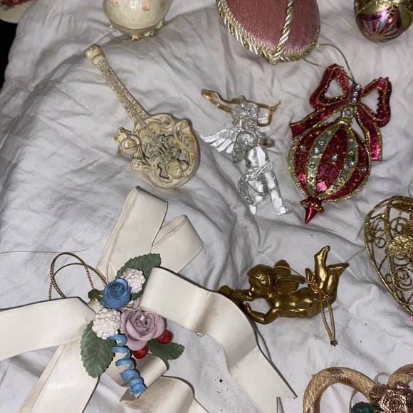 Victorian vintage ornaments heart lace gold pink Glass Flower Cherubs papermache - Picture 12 of 16